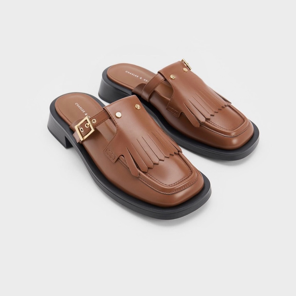 Charles & Keith | Studded Cut-Out Fringe Mules - Brown | Size 7 | New in Box